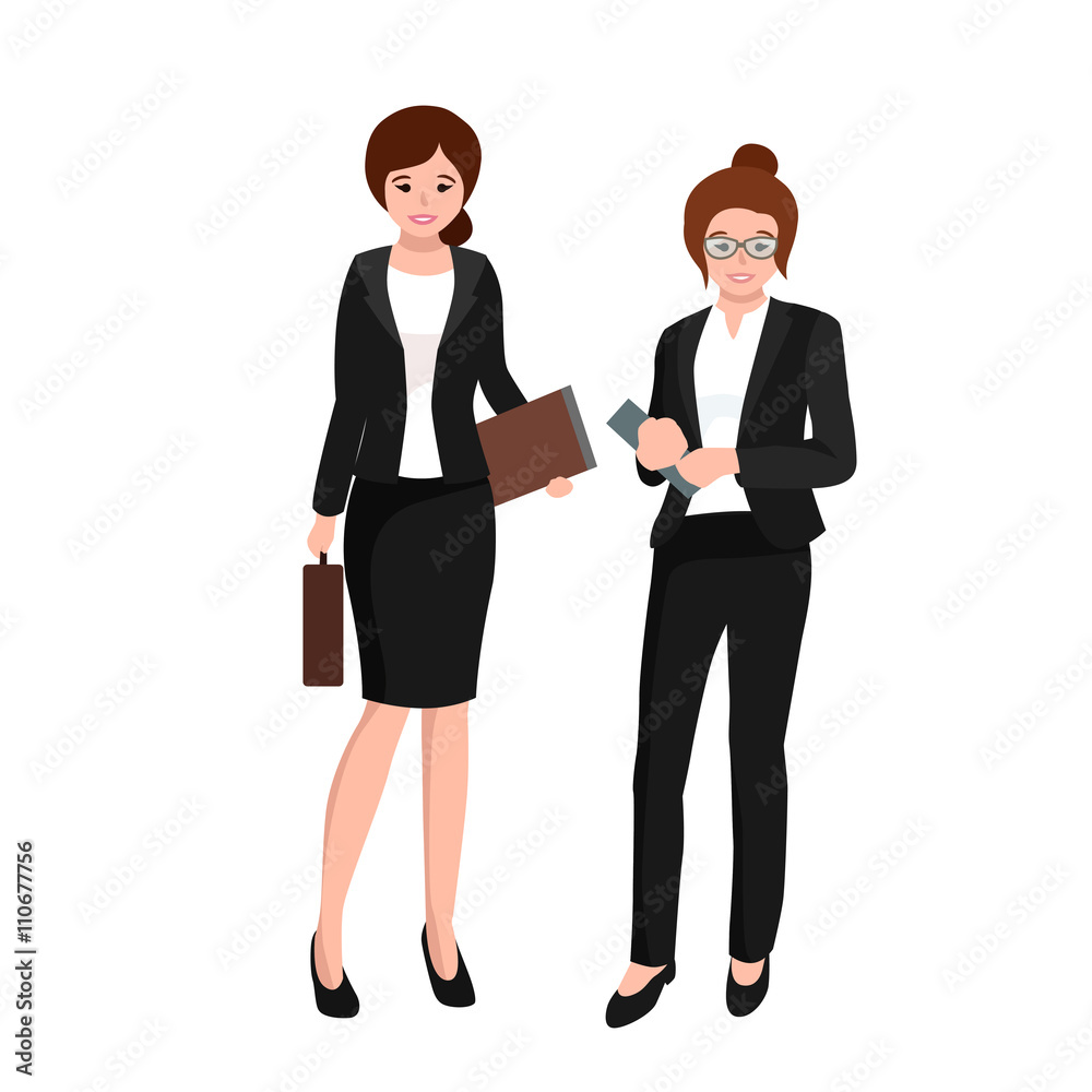 business woman in costume, files and case, office worker team business woman in costume, files and case, office worker team