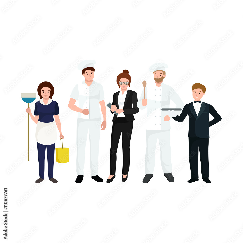 Restaurant team, man cooking chef, manager, waiter, cleaning woman. 