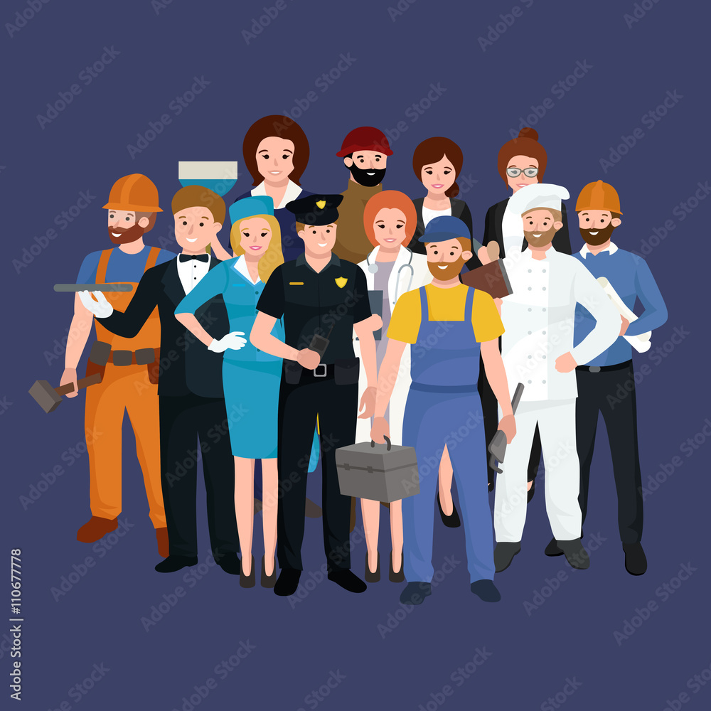 set workers team, profession people uniform, cartoon vector illustration