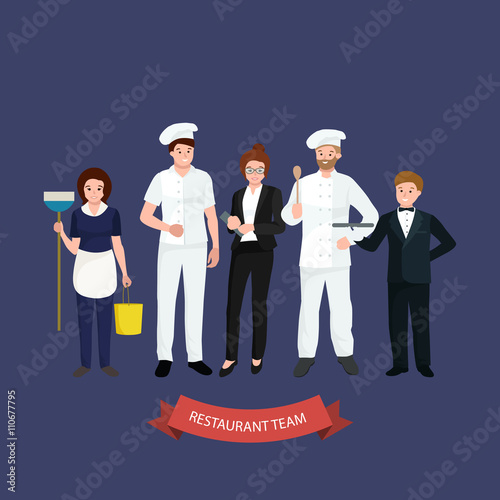 Restaurant team, man cooking chef, manager, waiter, cleaning woman. 