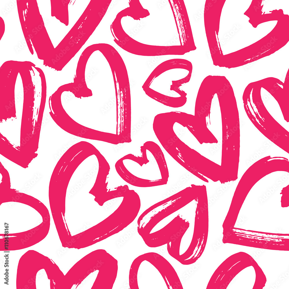 Seamless pattern of handdrawn brush pink hearts on white background. Hand painted vector illustration. Design for fabric, textile, wrapping paper, card, invitation, wallpaper, web design.