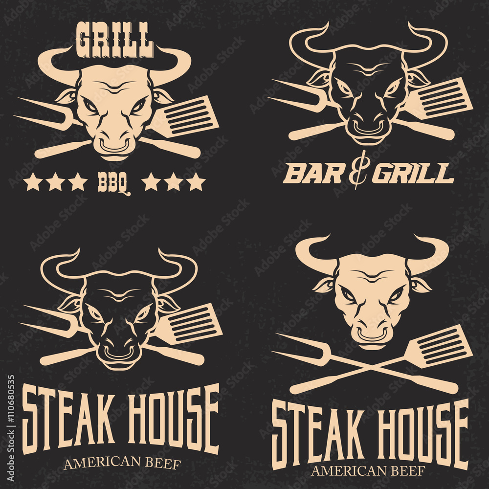 Set of steak house emblems templates. Grill. Barbecue and grill labels, badges, logos and emblems. Steak house restaurant menu design elements