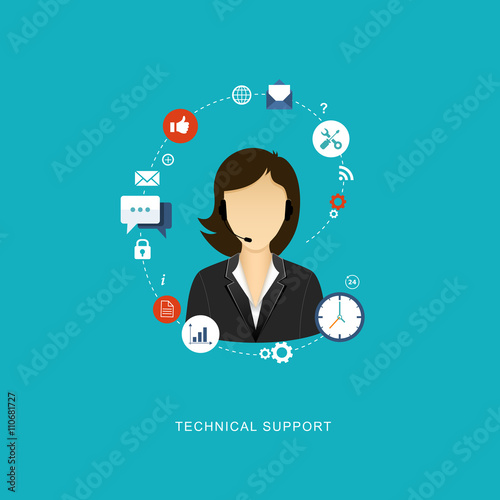 Flat design illustration with icons. Technical support assistant