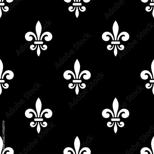 Golden fleur-de-lis seamless pattern. Black white template. Floral classic texture. Fleur de lis royal lily retro background. Design vintage for card, wallpaper, wrapping, textile. Vector Illustration