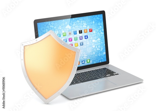 Free Download Laptop and shield on white, computer security concept. 3d rendering. - GFXLoad