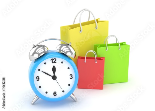 alarm clock and shopping bag (time to buy concept). 3d rendering.