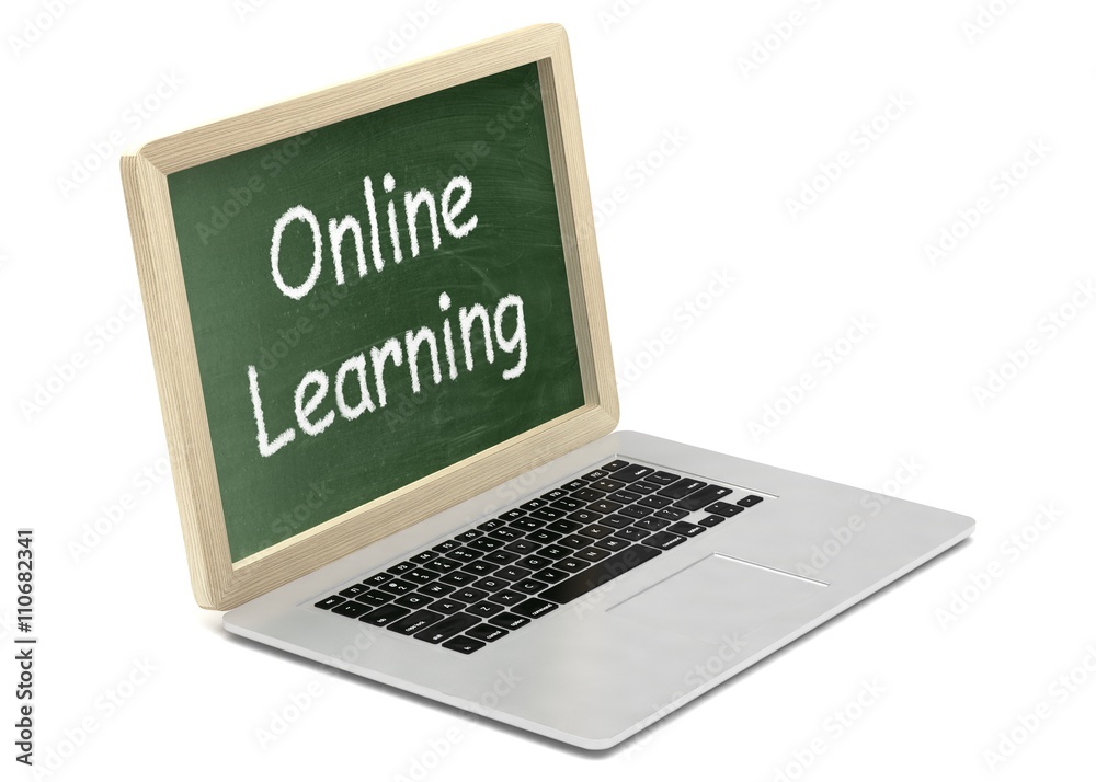 Laptop with chalkboard, online education concept. 3d rendering. Laptop with chalkboard, online education concept. 3d rendering.