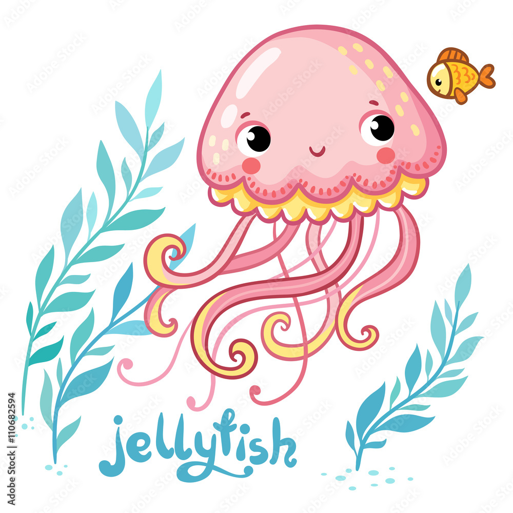 Naklejka premium Jellyfish. Cute cartoon Jellyfish in vector. Vector illustration of jellyfish and seaweed