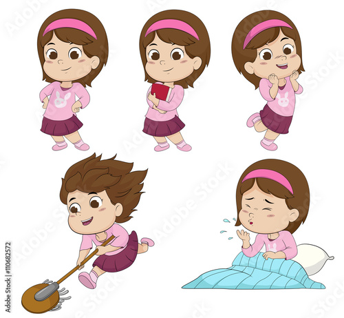 cute kids stand, hold a book, happy, maid mops the floor, coughs