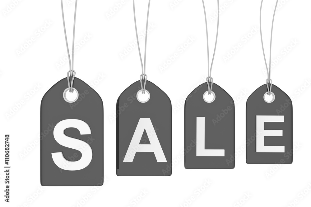 Black isolated sale labels on white background. Price tags. Special offer and promotion. Store discount. Shopping time. Black friday.  3D rendering.