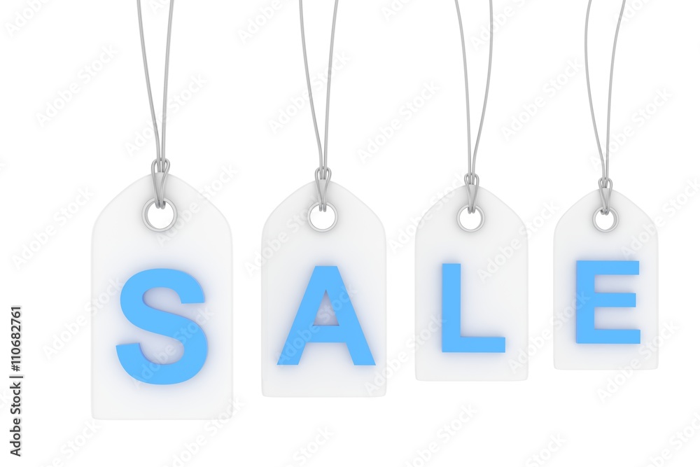 Colorful isolated sale labels on white background. Price tags. Special offer and promotion. Store discount. Shopping time. Blue letters on white labels. 3D rendering.