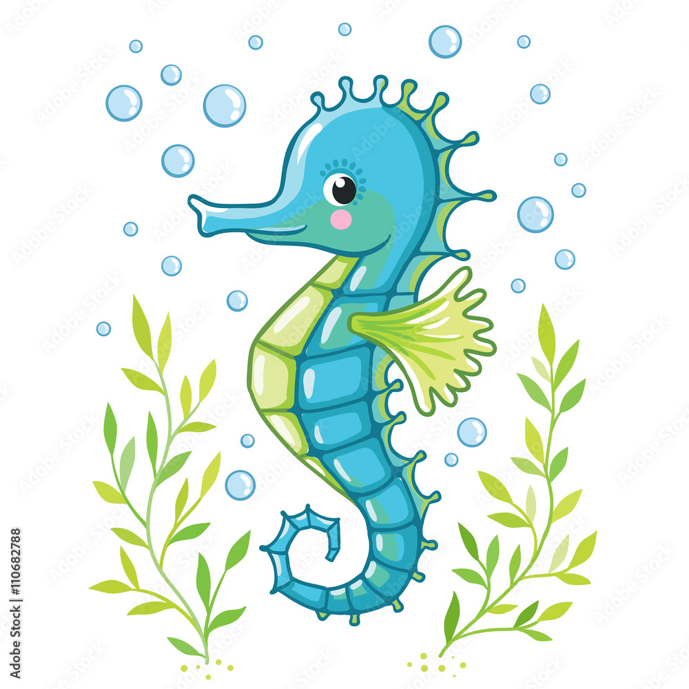Cute cartoon Sea horse isolated. Seahorse and algae on a white background,  vector illustration. Stock Vector | Adobe Stock