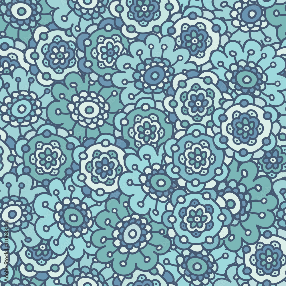 blue doodle floral seamless pattern, hand drawn vector illustration