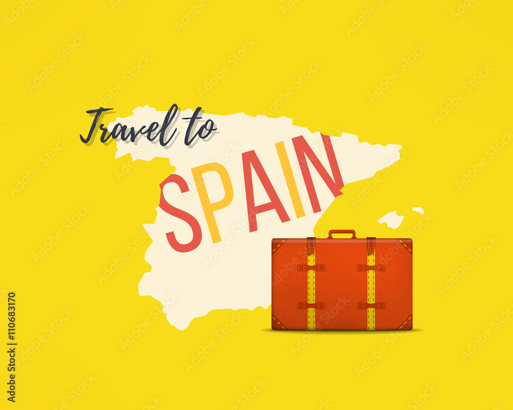 Travel to spain concept. Spanish traveler background. Espana map with traveling suitcase Stock