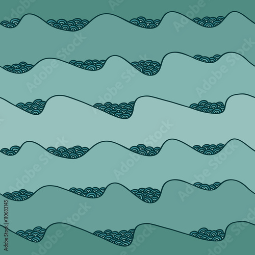 blue waves seamless pattern, doodle hand drawn vector illustration © illucesco