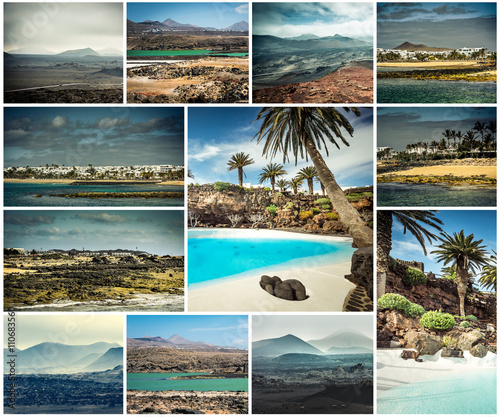 collage of picturesque views and sights of Lanzarote in Canary islands, Spain