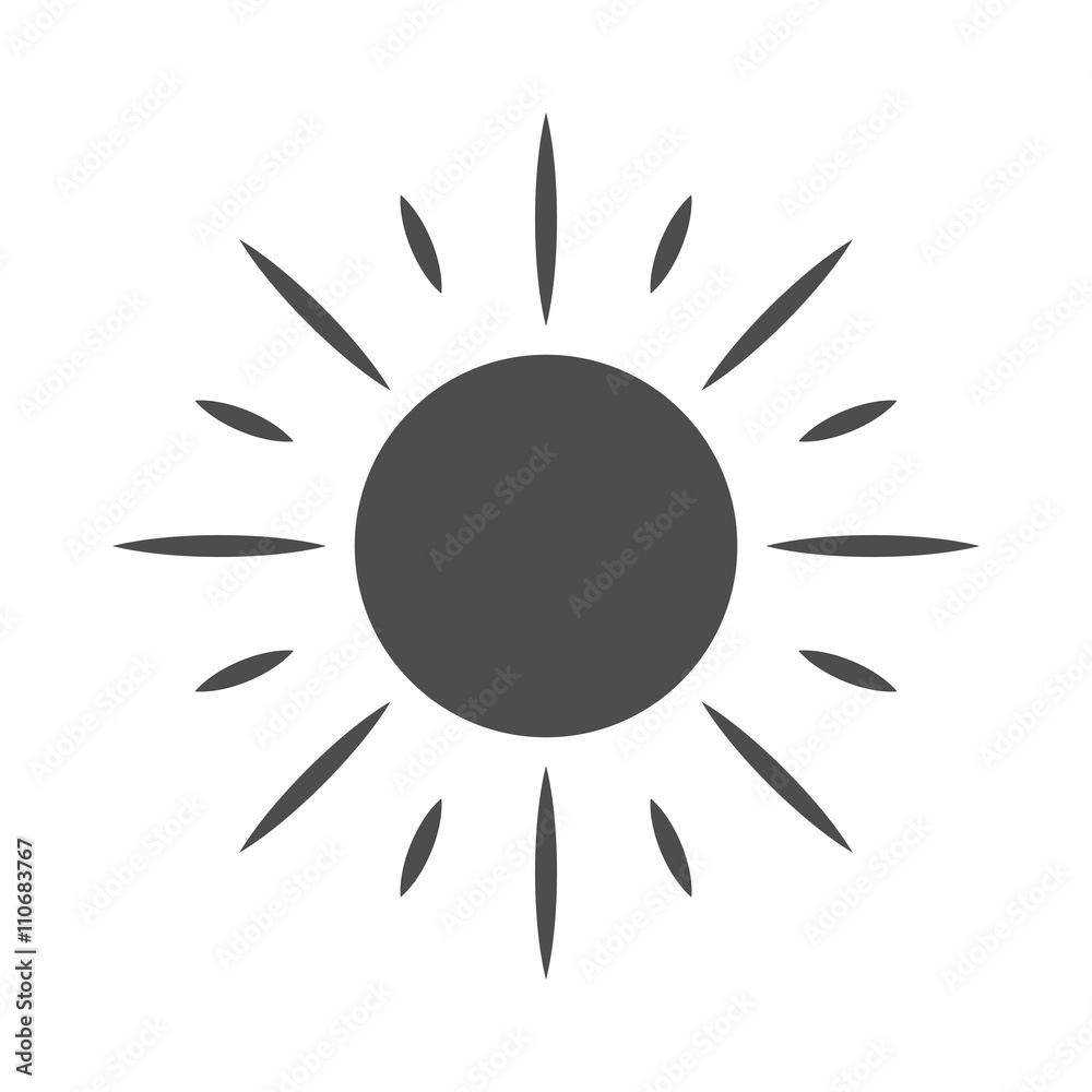 Sun icon. Light sign with sunbeams. Black design element, isolated on white background. Symbol of sunrise, heat, sunny and sunset, sunlight. Flat modern style for weather forecast. Vector Illustration Sun icon. Light sign with sunbeams. Black design element, isolated on white background. Symbol of sunrise, heat, sunny and sunset, sunlight. Flat modern style for weather forecast. Vector Illustration