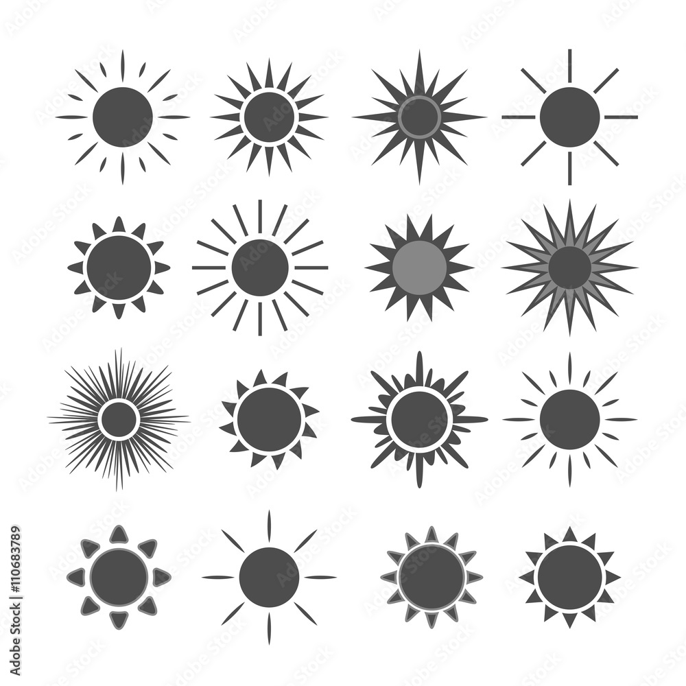 Sun icons set. Collection light gray signs with sunbeam. Design elements, isolated on white background. Symbol of sunrise, heat, sunny and sunset, morning, sunlight. Flat style. Vector Illustration. Sun icons set. Collection light gray signs with sunbeam. Design elements, isolated on white background. Symbol of sunrise, heat, sunny and sunset, morning, sunlight. Flat style. Vector Illustration.
