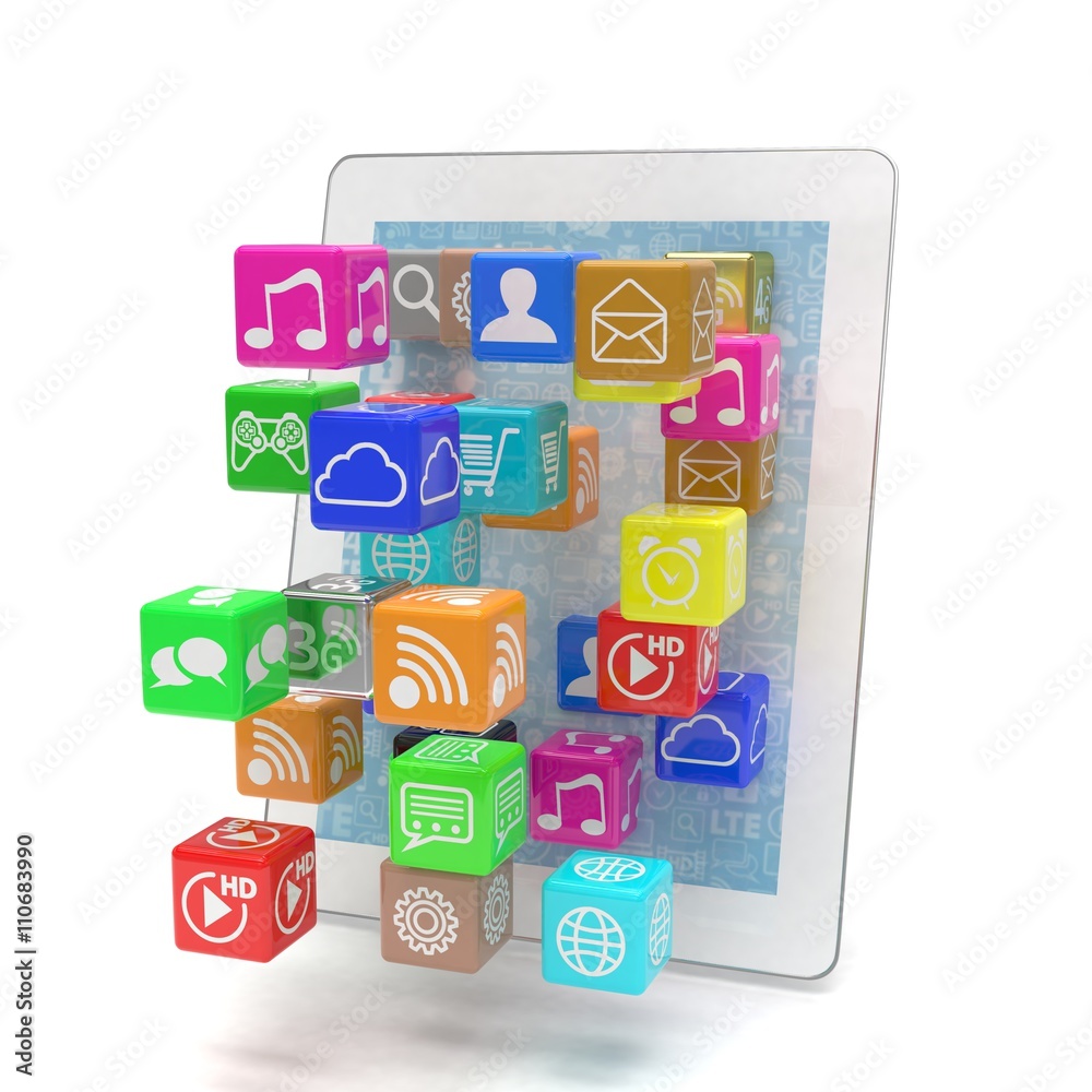 icon app fall in tablet pc. 3d rendering. icon app fall in tablet pc. 3d rendering.