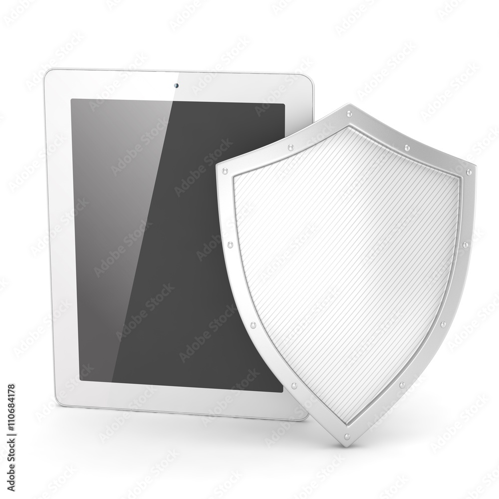 Tablet PC and shield on white device security concept. 3d rendering. Tablet PC and shield on white device security concept. 3d rendering.