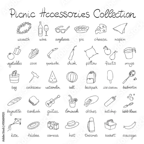 Hand Drawn Doodle Picnic Icons Set. Vector Illustration Barbecue Sketchy Symbols Collection. Cartoon Summer Picnic Elements with Captions. Food  Drink  Outdoor Vacation Accessories