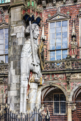 Bremen. Knight Roland statue on Marktplatz. Town hall, Germany.