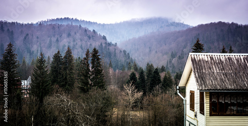 old house and yard in Carpathian mountains, Ukraine