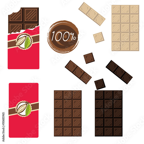 Bar of chocolate set. Sealed and open wrap. Milk, white and darc cocoa chocolate square.