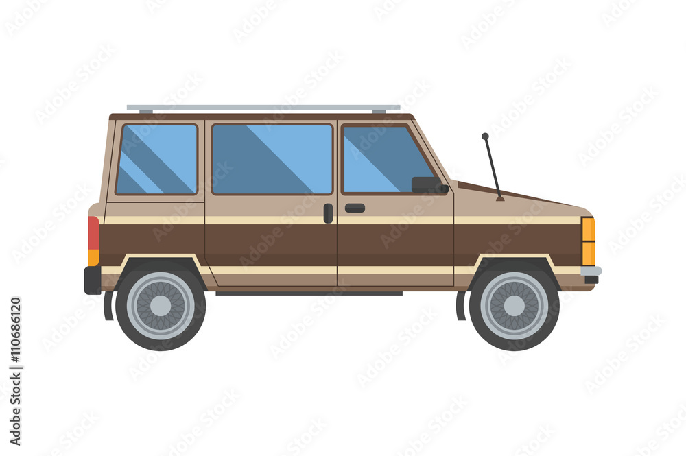Adventure car in flat design. Old minivan for travel. Vector voyage auto in retro colors isolated on white background.