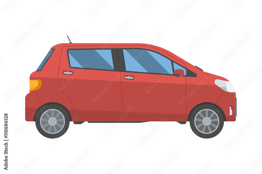 Modern red car in flat design. New hatchback for rent and travel. Vector voyage auto in retro colors isolated on white background.