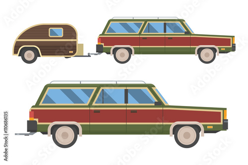 Obraz na płótnie Voyage retro car isolated on white background. Travel retro automobile with trailer. Summer auto trip Rv transport. Old station wagon with trailer hindcarriage. w salonie