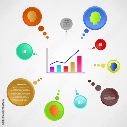 Color vector infographic design with colorful human head, number and description of colored rings with color rising graph in the middle on a gray background