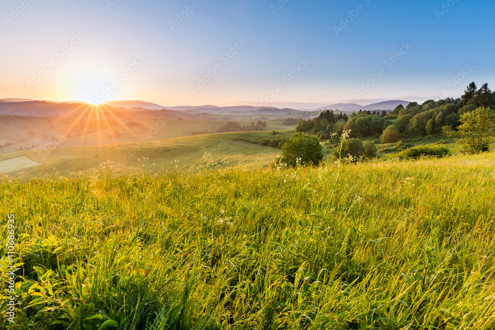 Fields and hills at sunrise near Dolny Kubin in Slovakia