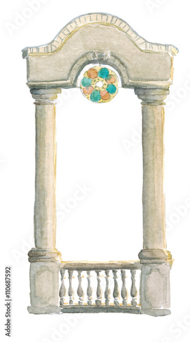 Watercolor hand drawn architecture illustration of classical arch with multicolor glass circle art