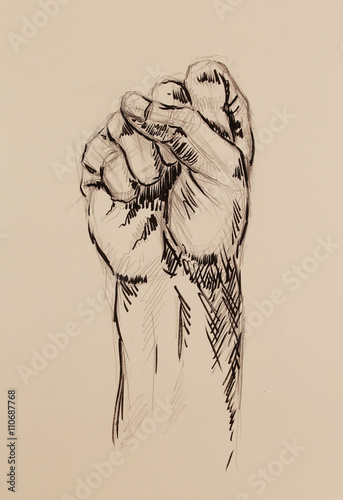 fist drawing, pencil sketch on old paper.