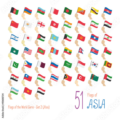 Set of 51 flags of Asia. Hand raising the national flags of 51 countries of Asia. Icon set Vector illustration.