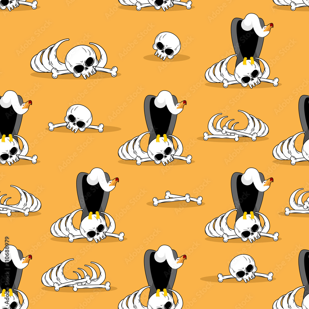 Obraz premium Vulture on bones in desert seamless pattern. Dead desert backgro