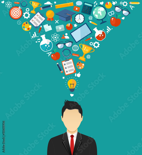 Man with icons. Student with ideas flat illustration