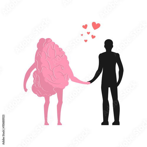 Love in human brain. Man and mind. Lovers holding hands. Romanti