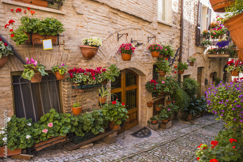 Floral streets of Spello in Umbria, Italy.
