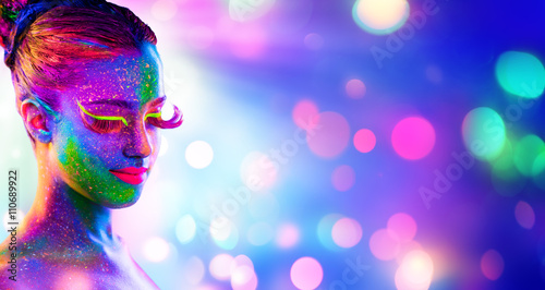 Fototapeta Naklejka Na Ścianę i Meble -  Uv Woman Portrait - Creative Fluorescent Makeup - Neon Body Painting 
