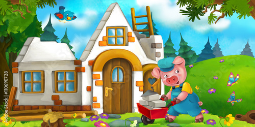 Fototapeta Cartoon scene of hard working pig - building a house - illustration for the children