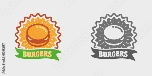 Vector vintage fast food logo, icon or badge concept with burger. Hipster burger sign. Monochrome and color