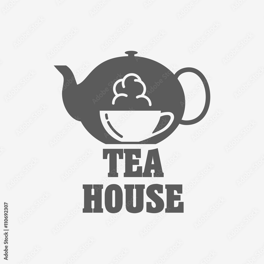 Tea house logo or label design template with tea pot and cup. Stock