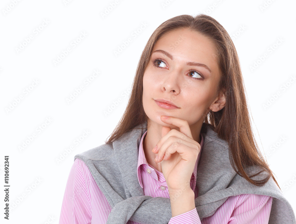 Portrait of a beautiful young woman thinking, isolated on white background Portrait of a beautiful young woman thinking, isolated on white background