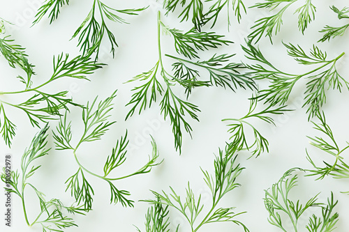 Green dill on a white background. Pattern. Ornament. Food background