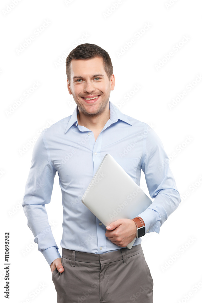 Cheerful male worker is holding a notebook Cheerful male worker is holding a notebook