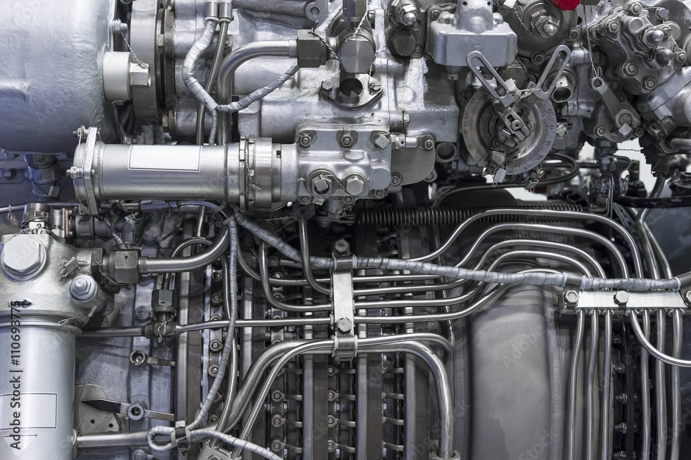 Engine of fighter jet, internal structure with hydraulic, fuel pipes and other hardware and equipment, army aviation, military aircraft and aerospace industry Engine of fighter jet, internal structure with hydraulic, fuel pipes and other hardware and equipment, army aviation, military aircraft and aerospace industry