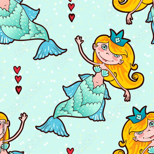 Mermaid seamless pattern. Kawaii Maritime princess. 