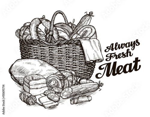 meat products. hand drawn sketches of food. vector illustration